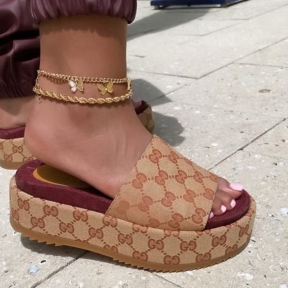Gucci Angelina Burgundy Ruggine GG Monogram Logo Platform Slide Sandal EU 39